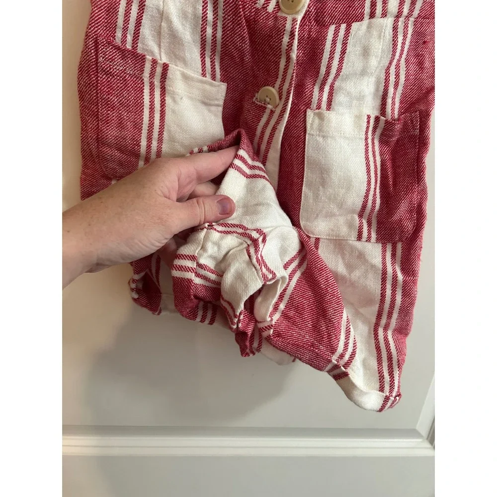 Reformation Red White Striped Linen Romper Button Front Smocked Back Size 0